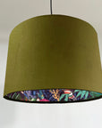 Olive green velvet wonderland drum lampshade, double sided lampshade with wonderland paper interior