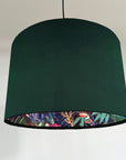 Green velvet drum lampshade/ ceiling light shade with wonderland paper interior