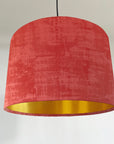 Coral textured velvet drum lampshade/ ceiling shade with a metallic brushed gold lining