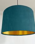 Teal velvet drum lampshade/ ceiling shade with a metallic brushed gold lining