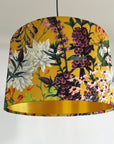 Mustard flowers velvet drum lampshade / ceiling shade, with a metallic brushed gold lining