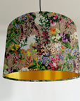Grey flowers velvet drum lampshade / ceiling shade, with a metallic brushed gold lining