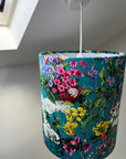 Teal flowers velvet drum lampshade / ceiling shade, with a white lining