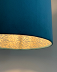 Teal Velvet & William Morris Blue Willow Leaves Double Sided Drum Lampshade | Handmade Ceiling Light Shade | Bespoke UK