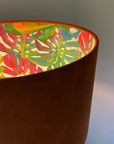 Burnt Orange Velvet & Multicoloured Leaves Double Sided Drum Lampshade | Handmade Ceiling Light Shade | Bespoke UK