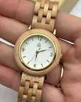 Luxury upcycled wood watch for women, handcrafted recycled maple wood, white face with gold accents, natural birch wood by The Sustainable Watch Company at brixbailey.com