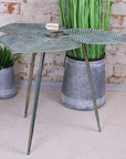 Luxury Ramai Three Leaf Side Table, stylish boho decor with green and gold finish, lightweight metal tripod legs by Maravi at brixbailey.com