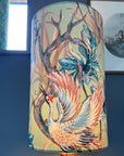 Crane Birds Velvet Lampshade | Extra Tall Cylinder Ceiling Light Shade | Bespoke Handmade UK