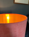 Coral textured velvet drum lampshade/ ceiling shade with a metallic brushed gold lining