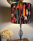 Black botanical velvet drum lampshade /ceiling shade with a white lining