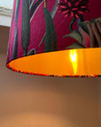Cerise pink botanical velvet drum lampshade / ceiling shade, with a metallic brushed gold lining