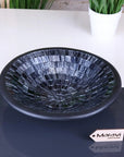 Luxury Kentra mosaic bowl, handcrafted clay with grey glitter glass tiles, elegant abstract design, 28cm decorative centerpiece by Maravi at brixbailey.com