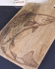 Premium wooden fish serving platter board with lobster or fish engraving, luxury coastal kitchenware, handcrafted mango wood, stylish seafood theme by Maravi at brixbailey.com