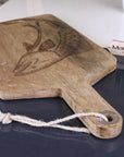 Luxury handcrafted mango wood fish serving platter board, engraved coastal lobster or fish design, elegant kitchenware, 50cm x 25cm by Maravi at brixbailey.com