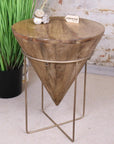 Luxury Tamia wooden cone side table, handcrafted sustainable mango wood with gold metal frame, stylish unique accent piece for living room or bedroom by Maravi at brixbailey.com
