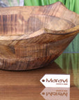 Luxury large wooden fruit bowl, handcrafted mango wood with three-point rim design, stylish kitchen decor, best-selling rustic serving bowl by Maravi at brixbailey.com