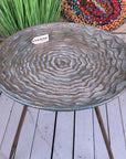 Luxury gold tripod side table, stylish vintage accent table for home decor, elegant metal side table with antique patina finish by Maravi at brixbailey.com