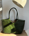 Carmel - Genuine Leather U Shape Handwoven Tote Bag Green