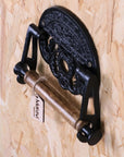 Luxury vintage industrial toilet roll holder with crown emblem, premium black metal and wood design, stylish bathroom accessory by Maravi at brixbailey.com