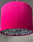 Cerise Pink Velvet & Zebra Cotton Double Sided Drum Lampshade | Handmade Ceiling Light Shade | Bespoke UK