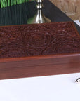 Luxury hand carved wooden box, elegant Sheesham wood jewelry storage with floral lid, premium artisan craftsmanship by Maravi at brixbailey.com