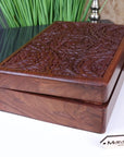 Luxury hand carved Sheesham wood box, elegant floral pattern, premium jewelry storage, best-selling home decor, stylish heirloom piece by Maravi at brixbailey.com
