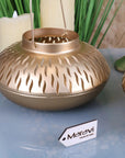 Premium Mohra Gold Moroccan Candle Lantern Set of 2, Festive Elegant Metal Tea Light Holders with Cut-Out Designs by Maravi at brixbailey.com