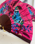 Hot pink 'Fuchsia' silk folding hand fan with butterfly and mushroom painted artwork