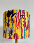 Mustard botanical velvet drum lampshade / ceiling shade, with a white lining