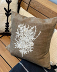 Luxury Ila cushion in olive brown cotton with hand-embroidered floral design, stylish home decor accent by Ella James at brixbailey.com