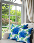 Luxury blue green leaf velvet cushion, premium elegant home decor, stylish midnight blue, plush microfiber pad by Isla Lawrie at brixbailey.com