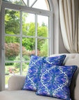 Luxury Delicate Reflections velvet cushion, premium purple blue floral damask pattern, stylish midnight blue backing, plush microfiber pad by Isla Lawrie at brixbailey.com