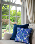 Luxury Delicate Reflections velvet cushion, premium damask floral pattern, stylish midnight blue backing, elegant home decor by Isla Lawrie at brixbailey.com