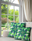 Luxury Blossoming Spring velvet cushion with floral design in green and purple, emerald backing, premium microfibre pad by Isla Lawrie at brixbailey.com