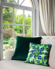 Luxury Blossoming Spring velvet cushion with floral design, emerald green backing, premium microfiber pad by Isla Lawrie at brixbailey.com