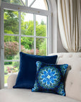 Luxury Spiral Light velvet cushion, midnight blue bioluminescent ocean-inspired design, premium microfibre pad, elegant home decor by Isla Lawrie at brixbailey.com