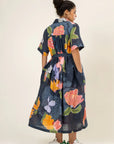 Luxury oversized long pleated dress with belt tie-up, printed multicolor, upcycled cotton-linen blend, limited edition by Bethikal at brixbailey.com