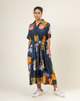 Luxury oversized long pleated dress with belt tie-up, printed multicolor, upcycled cotton linen blend, best-selling JOAN dress by Bethikal at brixbailey.com