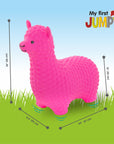 a playful pink alpaca jumpy toy bouncing on a sunny lawn