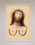 Premium Jesus Breasts Framed Poster, stylish spiritual wall art, luxury home decor, trending conversation piece, best-selling unique framed print by Zestio at brixbailey.com