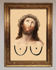 Luxury Jesus Breasts Framed Poster, stylish spiritual wall art, premium home decor, trending statement piece, best-selling unique artwork by Zestio at brixbailey.com