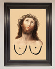 Premium Jesus Breasts Framed Poster, stylish spiritual wall art, luxury home decor, trending unique statement piece, best-selling conversation starter by Zestio at brixbailey.com