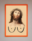 Premium Jesus Breasts Framed Poster, stylish spiritual wall art, luxury home decor, trending statement piece, best-selling unique artwork by Zestio at brixbailey.com