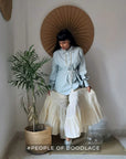 Luxury oversized ice blue upcycled cotton linen shirt with tie-up detailing, KATE BLUE premium stylish best-selling top by Bethikal at brixbailey.com