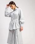 Luxury oversized ice blue upcycled cotton linen shirt with tie-up detailing, best-selling kate blue style, comfortable fit by Bethikal at brixbailey.com