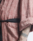 Linen Men's Bathrobe - Red Fishbone