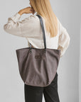 Stylish Brown Denim Tote Bag with Leather Handles – Handmade by Muni at www.brixbailey.com