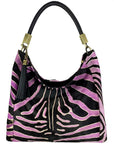 Large Black and lilac Zebra Print Hair On Leather Tassel Grab Bag Sostter