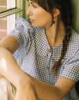 Frances Linen Cropped Blouse - Royal Blue Gingham