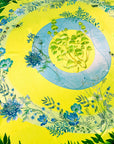 Vibrant yellow and pale blue ‘Luciferin’ floral silk scarf